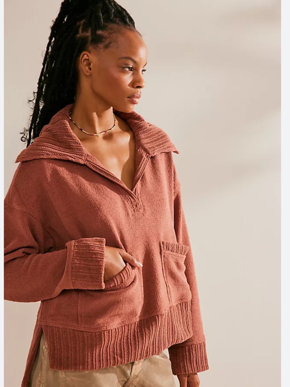 Free People Beach Grace Pullover Sweater Chutney Rust Collared Pocket NWOT S - Picture 1 of 6
